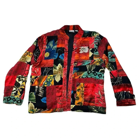 Chicos Silk Blazer Red Black Color Block Floral Tropical Lined Size 1 Small 4/6 - Picture 1 of 6